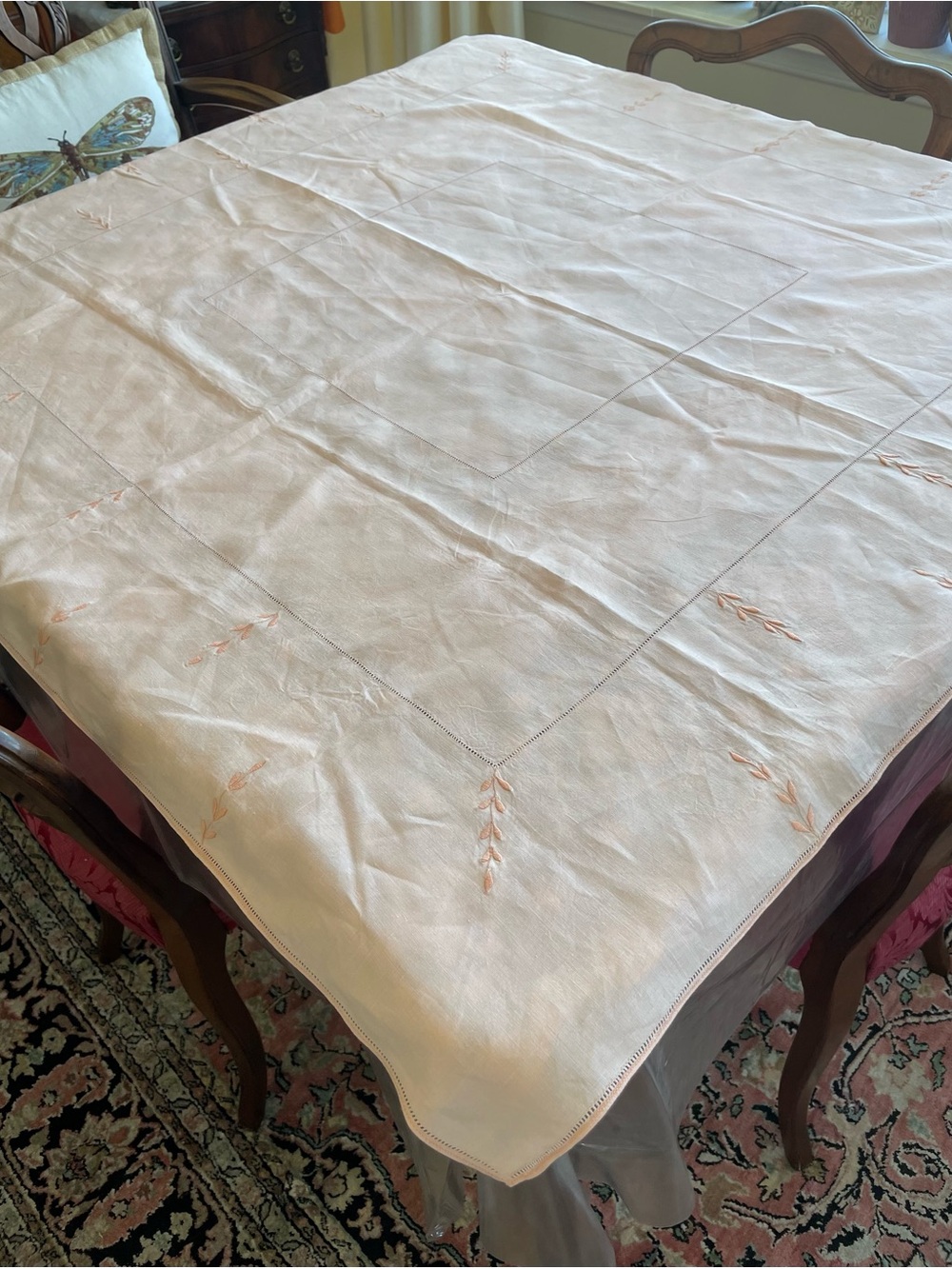 Vintage Mid Century Embroidered Leaf  Peach Linen Cotton Tablecloth - 44x44 in - Picture 7 of 10